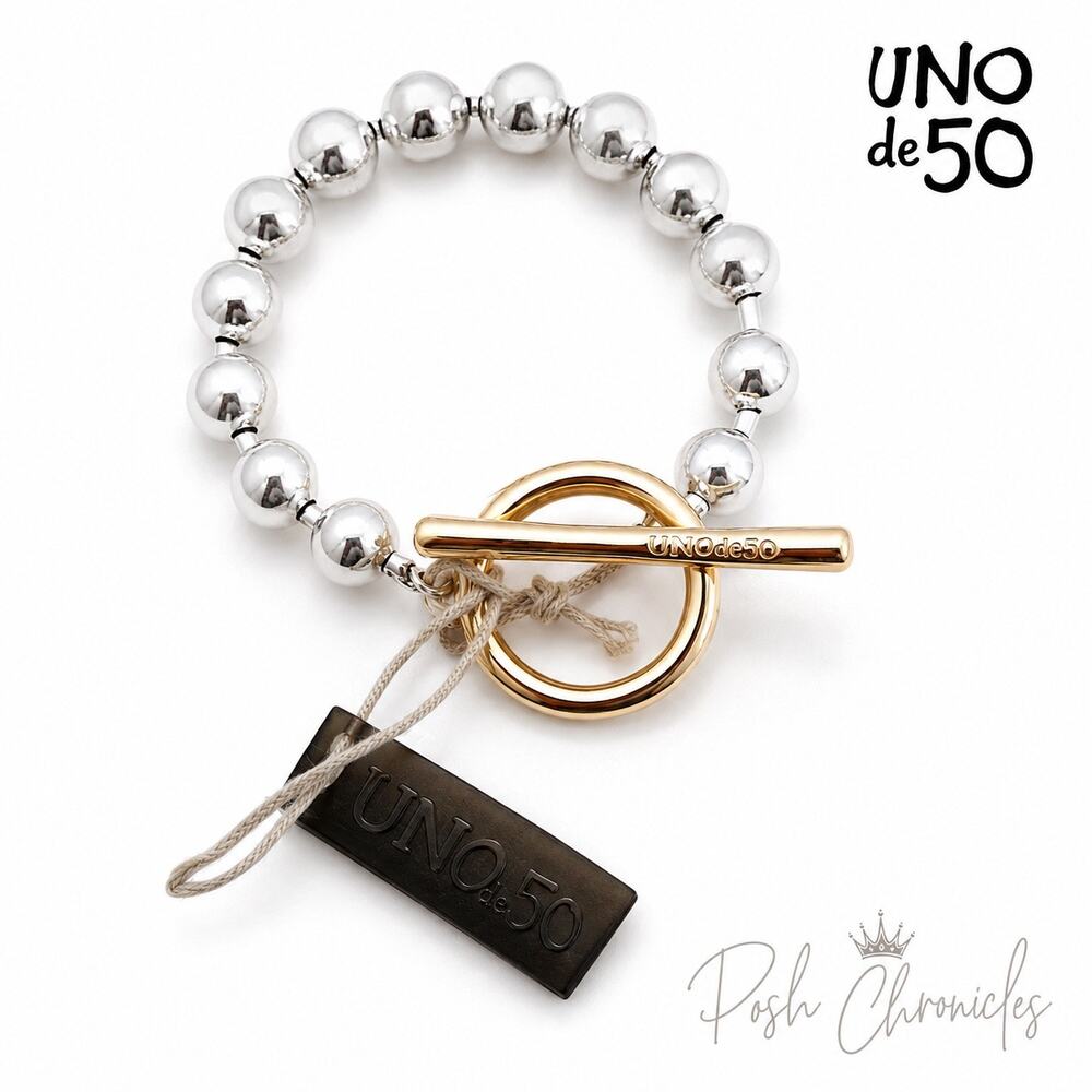UNO de 50 Silver Beaded Bracelet Gold Toggle Clasp 8” NWT Statement Jewelry